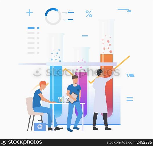 Laboratory assistants drawing graph and working with tubes vector illustration. Laboratory, pharmacy, analysis. Chemistry concept. Creative design for layouts, web pages, banners