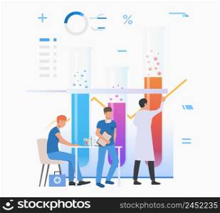 Laboratory assistants drawing graph and working with tubes vector illustration. Laboratory, pharmacy, analysis. Chemistry concept. Creative design for layouts, web pages, banners