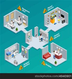 Laboratory Concept Illustration . Laboratory concept with physical chemical and biological laboratories isometric vector illustration