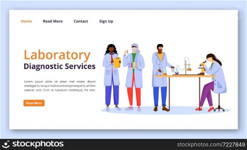 Laboratory diagnostic services landing page vector template. Medical examination website interface idea with flat illustrations. Blood test homepage layout, web banner, webpage cartoon concept. Laboratory diagnostic services landing page vector template