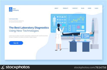 Laboratory diagnostics, using new technologies, patient lying, cardiogram equipment, standing assistant or doctor near screen of health report, computer tomografy CT, magnetic resonance imaging MRI. Patient Healthy Report, Cardiogram and Tech Vector