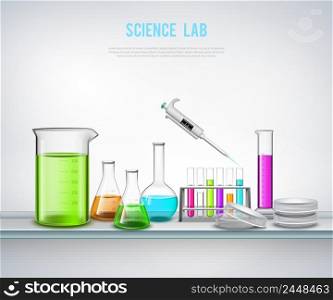 Laboratory equipment composition with syringe bottles tubes realistic symbols on blank background flat vector illustration. Chemical Equipment On Shelve Composition