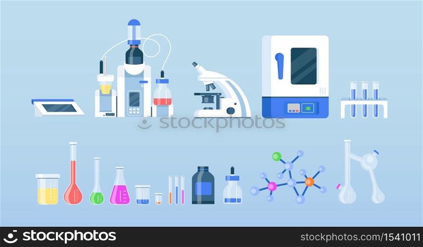 Laboratory equipment flat color vector objects set. Science lab tools. Pharmaceutical research center instruments isolated cartoon illustrations pack for web graphic design and animation. Laboratory equipment flat color vector objects set