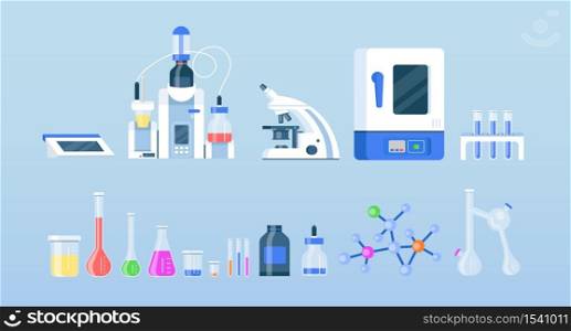 Laboratory equipment flat color vector objects set. Science lab tools. Pharmaceutical research center instruments isolated cartoon illustrations pack for web graphic design and animation. Laboratory equipment flat color vector objects set