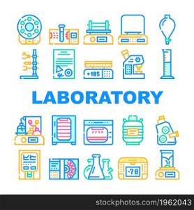 Laboratory Equipment For Analysis Icons Set Vector. Digital Scales And Microscope, Electronic Centrifuge And Heating Plate, Autoclave And Shaker Laboratory Tools Line. Color Illustrations. Laboratory Equipment For Analysis Icons Set Vector
