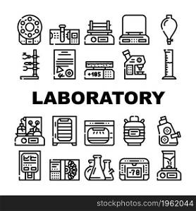 Laboratory Equipment For Analysis Icons Set Vector. Digital Scales And Microscope, Electronic Centrifuge And Heating Plate, Autoclave And Shaker Laboratory Tools Contour Illustrations. Laboratory Equipment For Analysis Icons Set Vector