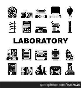 Laboratory Equipment For Analysis Icons Set Vector. Digital Scales And Microscope, Electronic Centrifuge And Heating Plate, Autoclave And Shaker Laboratory Tools Glyph Pictograms Black Illustrations. Laboratory Equipment For Analysis Icons Set Vector
