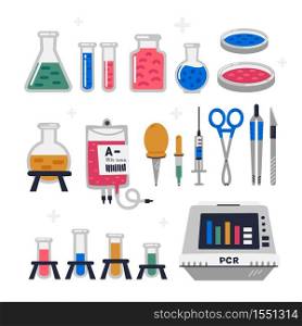 Laboratory equipment, glassware set. Chemical or biological science lab experiment tools for research and testing. Flat style vector illustration on white background. Laboratory equipment, glassware set. Chemical or biological science lab experiment tools for research and testing. Flat style vector illustration on white background.