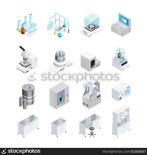 Laboratory Equipment Icon Set. Laboratory icons set with sixteen isolated isometric images of lab tools workbenches and workplace furniture elements vector illustration