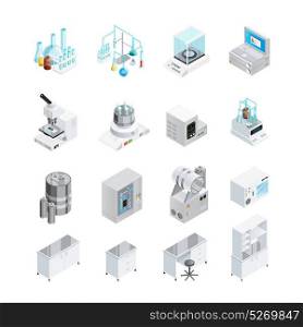 Laboratory Equipment Icon Set. Laboratory icons set with sixteen isolated isometric images of lab tools workbenches and workplace furniture elements vector illustration