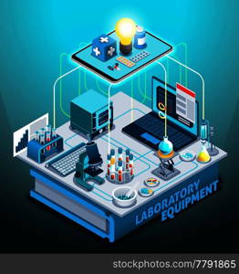 Laboratory equipment isometric composition on gradient background with flasks, laptop, microscope, medicines, book vector illustration . Laboratory Equipment Isometric Composition