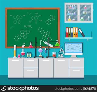 Laboratory equipment, jars, beakers, flasks, microscope, scales, spirit lamp on table. Computer, shelf with books. Agenda board. Biology science education medical vector illustration in flat style. Laboratory equipment, jars, beakers, flasks,