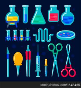 Laboratory equipment. Nanotechnology and biochemistry laboratory. Flask, vial, test-tube, scales, glass retorts with substance. Human genome sequencing project. Flat style vector illustration. Vector chemical equipment for experiment. Chemistry laboratory. Flask, vial, test-tube, scales, glass retorts with substance. Made in cartoon style. Objects for advertising, web. Educational concept