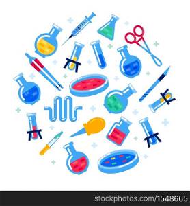 Laboratory equipment on white background. Nanotechnology and biochemistry. Round composition with Flask, vial, test-tube, glass retorts. Human genome sequencing project. Flat style vector illustration. Laboratory equipment on white background. Nanotechnology and biochemistry. Round composition with Flask, vial, test-tube, glass retorts. Human genome sequencing project. Flat style vector illustration.