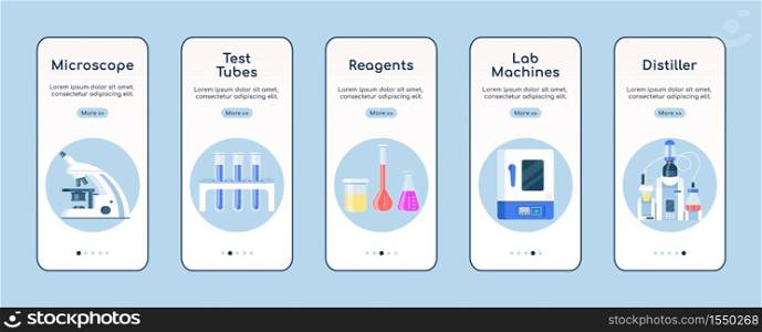 Laboratory equipment onboarding mobile app screen flat vector template. Medical research center. Walkthrough website steps with characters. UX, UI, GUI smartphone cartoon interface, case prints set. Laboratory equipment onboarding mobile app screen