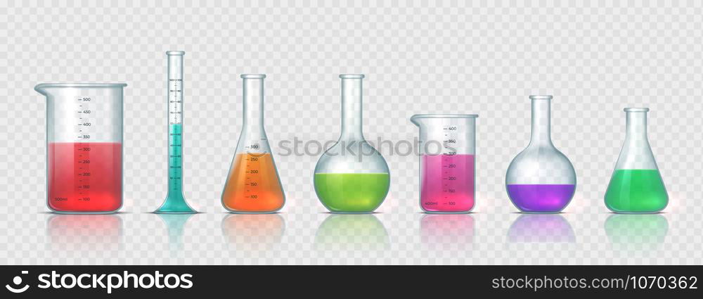 Laboratory equipment. Realistic 3D glass tubes, flask, beaker and other chemical and medicine lab measuring equipment. Vector illustration testing equipments set for science experiments or measuring. Laboratory equipment. Realistic 3D glass tubes, flask, beaker and other chemical and medicine lab measuring equipment. Vector set