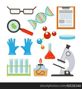 Laboratory Equipment Set Vector. Science Accessories. Glasses, Dna, Structure, Molecule, Notepad, Petri, Bowl, Gloves, Bulb, Test Tube, Microscope. Isolated Flat Cartoon Illustration. Laboratory Equipment Set Vector. Science Accessories. Glasses, Dna, Structure, Molecule, Notepad, Petri Bowl Gloves Bulb Test Tube Microscope Isolated