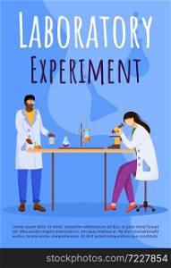 Laboratory experiment poster vector template. Conducting test. Women in lab coats. Brochure, cover, booklet page concept design with flat illustrations. Advertising flyer, leaflet, banner layout idea. Laboratory experiment poster vector template
