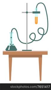 Laboratory experiments vector, table with tubes and containers with chemical substances. Chemistry lessons and learning science. Scientific analysis illustration in flat style design for web, print. Chemistry Lesson, Experiment in Laboratory Lab