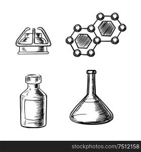 Laboratory flask, gas burner, bottle and formula of molecule icons in sketch style, chemistry or science themes design. Flask, burner, bottle and molecule icons sketch