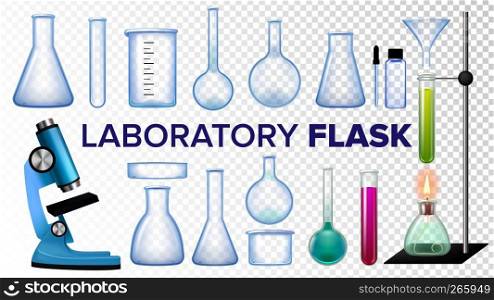 Laboratory Flask Set Vector. Chemical Glass. Beaker, Test-tubes, Microscope. Empty Equipment For Chemistry Experiments. Realistic Transparent Illustration. Laboratory Flask Set Vector. Chemical Glass. Beaker, Test-tubes, Microscope. Empty Equipment For Chemistry Experiments. Isolated Realistic Transparent Illustration
