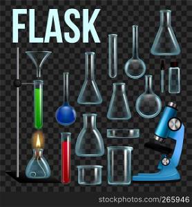 Laboratory Flask Set Vector. Glassware, Beaker. Empty Equipment For Chemistry Experiments. Chemical Lab Instruments. Microscope. Realistic Transparent Dark Illustration. Laboratory Flask Set Vector. Glassware, Beaker. Empty Equipment For Chemistry Experiments. Chemical Lab Instruments. Microscope. Isolated Realistic Transparent Dark Illustration