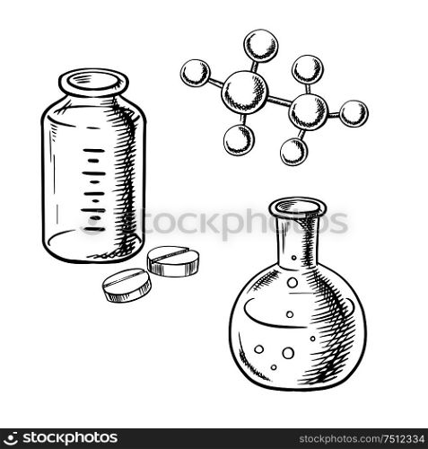 Laboratory flask with liquid and bubbles, bottle with pills and chemical molecular model isolated on white background. For pharmaceutical or medical research themes, sketch style. Flask, bottle, pills and molecular model sketch