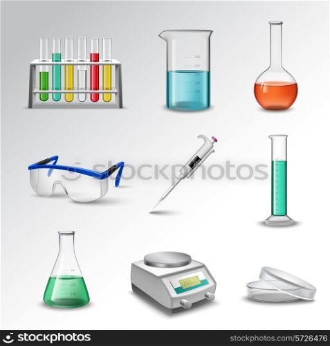 Laboratory glass equipment realistic decorative icons set with flasks beakers and pipette isolated vector illustration