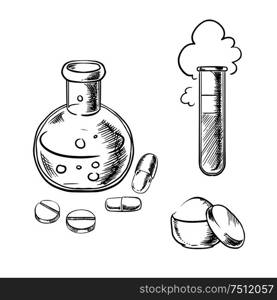 Laboratory glass flask and tube with bubbles and cloud, round pills, capsules and powder in box, for chemistry experiments or scientific research design. Sketch icons. Flask, tube, pills, capsules and powder