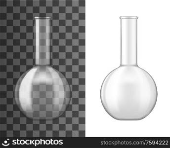 Laboratory glass flask or beaker 3d vector design of chemical lab glassware equipment. Realistic empty boiling flask of chemistry science experiments, biology or medicine tests, pharmacology research. Glass flask or beaker of chemical laboratory