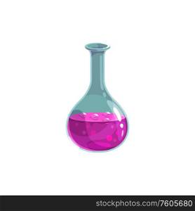 Laboratory glassware, chemical flask with purple liquid isolated. Vector test tube, biochemistry equipment. Chemical flask purple substance isolated glassware