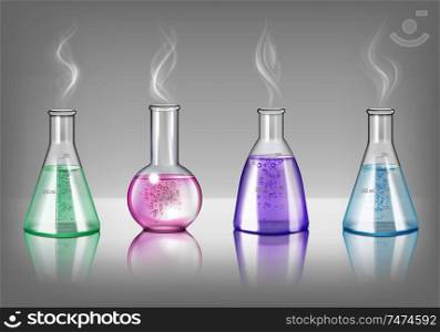 Laboratory glassware of different shapes realistic set of flasks and retorts filling colored potion isolated vector illustration