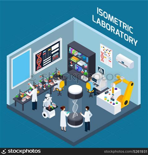Laboratory Interior Isometric Design. Biochemical laboratory interior isometric design concept with tools for genetics research and highly technological equipment flat vector illustration