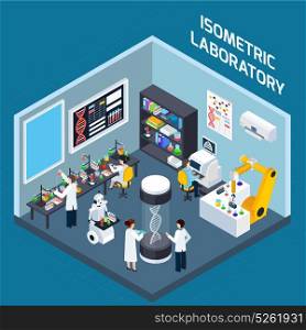 Laboratory Interior Isometric Design. Biochemical laboratory interior isometric design concept with tools for genetics research and highly technological equipment flat vector illustration
