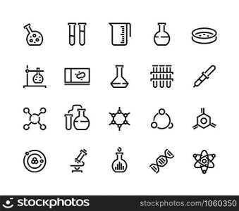 Laboratory line icons. Chemical and medical science experiment pictograms, flask tube and beaker. Vector school laboratory equipment icon set with microscope and pipette symbol. Laboratory line icons. Chemical and medical science experiment pictograms, flask tube and beaker. Vector school laboratory set