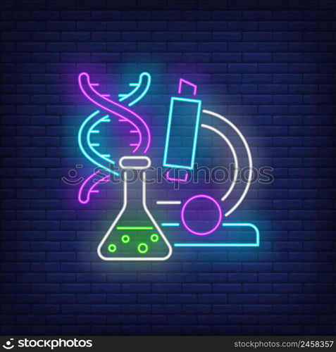 Laboratory neon sign. Chemical beaker, microscope, DNA molecule. Back to school concept. Vector illustration in neon style, glowing element for topics like science, chemistry, biology