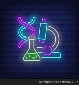 Laboratory neon sign. Chemical beaker, microscope, DNA molecule. Back to school concept. Vector illustration in neon style, glowing element for topics like science, chemistry, biology