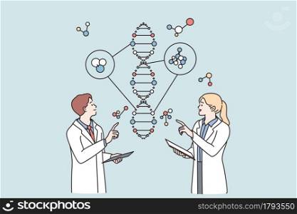 Laboratory research and genetic engineering concept. Young scientists woman and man cartoon characters standing communicating about science research in flask together vector illustration . Laboratory research and genetic engineering concept
