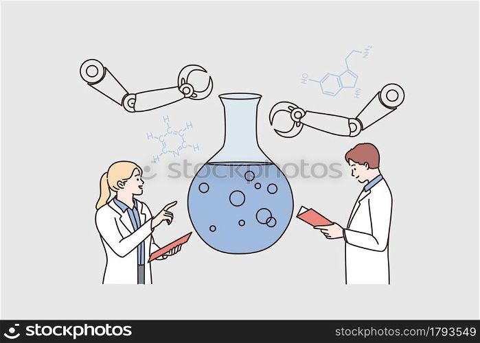 Laboratory research and science concept. Young scientists woman and man cartoon characters standing communicating about science research in flask together vector illustration . Laboratory research and science concept