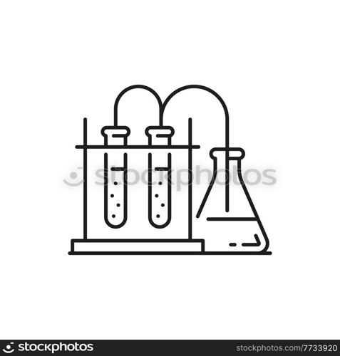 Laboratory research glassware, biochemistry chemistry, pharmacy and genetics equipment for experiments isolated thin line icon. Vector scientific experiment in gene engineering science, biotechnology. Scientific research flasks, genetics modifications