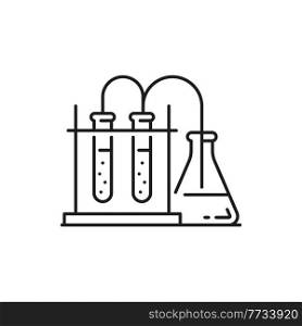 Laboratory research glassware, biochemistry chemistry, pharmacy and genetics equipment for experiments isolated thin line icon. Vector scientific experiment in gene engineering science, biotechnology. Scientific research flasks, genetics modifications