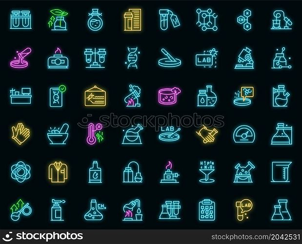 Laboratory research icons set outline vector. Dna science. Microscope chemistry. Laboratory research icons set vector neon