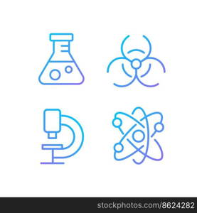 Laboratory research pixel perfect gradient linear vector icons set. Medical lab equipment. Chemical experiment. Thin line contour symbol designs bundle. Isolated outline illustrations collection. Laboratory research pixel perfect gradient linear vector icons set