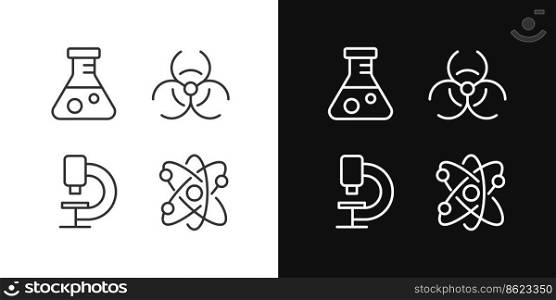 Laboratory research pixel perfect linear icons set for dark, light mode. Medical lab equipment. Chemical experiment. Thin line symbols for night, day theme. Isolated illustrations. Editable stroke. Laboratory research pixel perfect linear icons set for dark, light mode