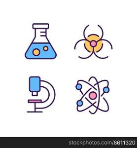 Laboratory research pixel perfect RGB color icons set. Medical lab equipment. Chemical experiment. Biohazard. Isolated vector illustrations. Simple filled line drawings collection. Editable stroke. Laboratory research pixel perfect RGB color icons set