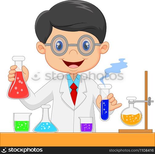 Laboratory researcher - Isolated scientist boy in lab coat with chemical glassware