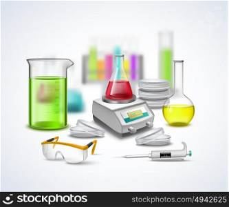 Laboratory Stuff Composition. Chemical equipment composition with pulser scales realistic colorful symbols of bottles with liquids flat vector illustration