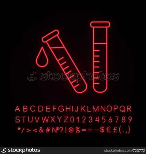 Laboratory test neon light icon. Lab diagnostics. Chemical research. Test tubes. Scientific laboratory. Glowing sign with alphabet, numbers and symbols. Vector isolated illustration. Laboratory test neon light icon