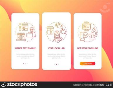 Laboratory test ordering onboarding mobile app page screen with concepts. Ordering test online, reports walkthrough 3 steps graphic instructions. UI vector template with RGB color illustrations. Laboratory test ordering onboarding mobile app page screen with concepts