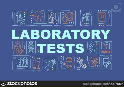 Laboratory tests word concepts banner. Body health improvement due to covid. Infographics with linear icons on navy background. Isolated typography. Vector outline RGB color illustration. Laboratory tests word concepts banner